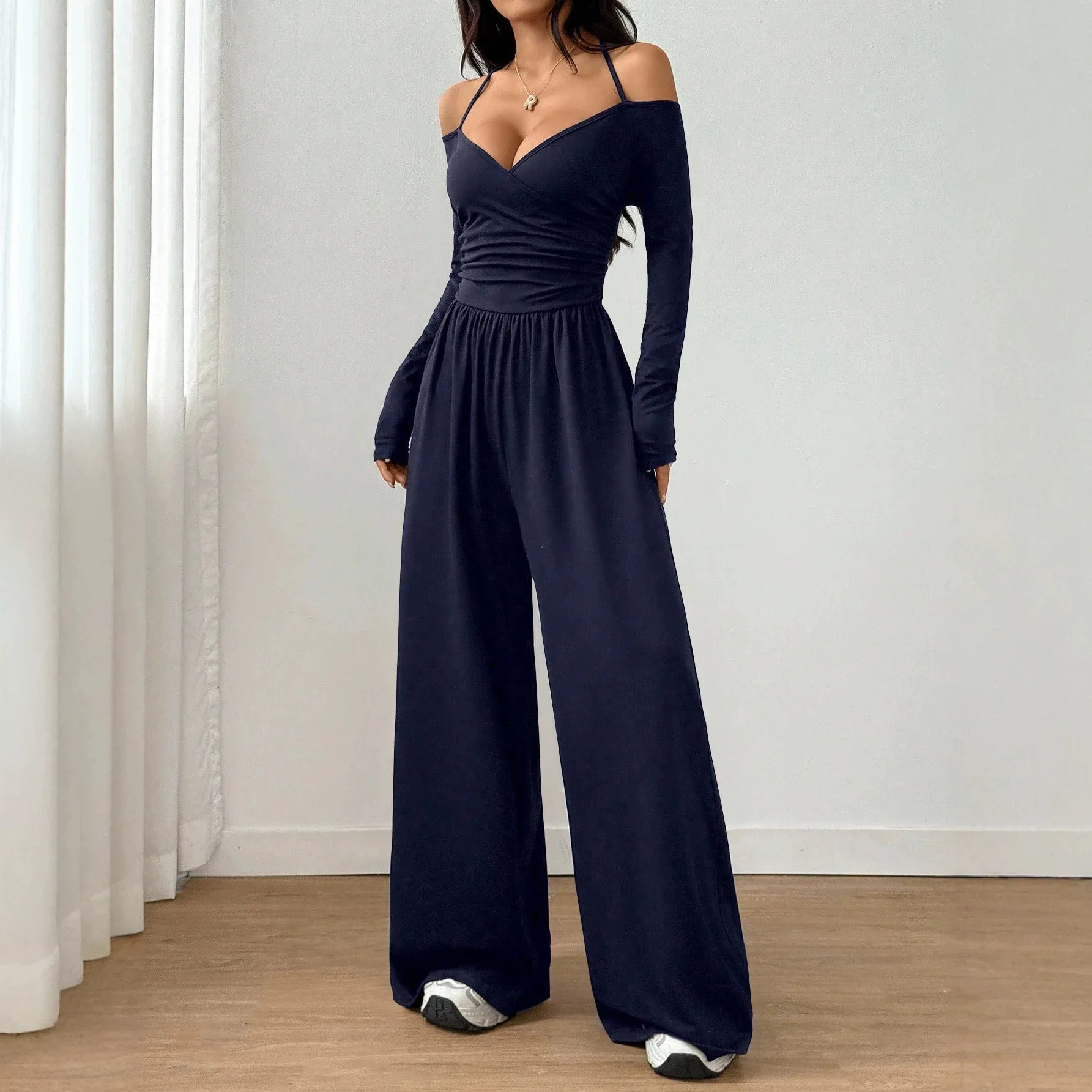 Women Off Shoulder Long Sleeve Jumpsuit V Neck Ruched Waist Halter Strap Wide Leg Solid Casual One Piece Romper