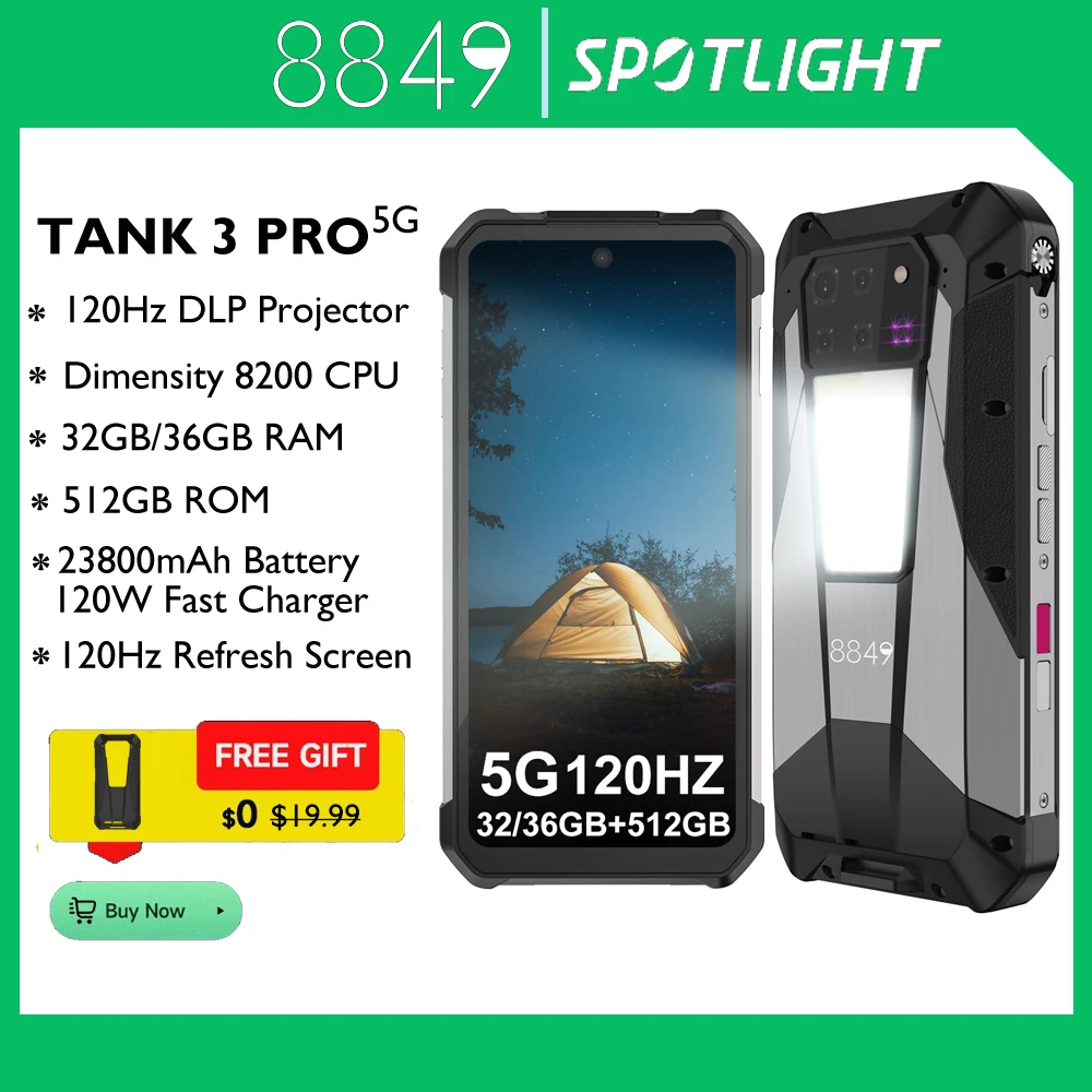 EU MX Warehouse 8849 Tank 3 Pro by Unihertz Rugged Smartphone 5G with 100 Lumens Projector 32/36GB 512GB 23800mAh Cell Phones