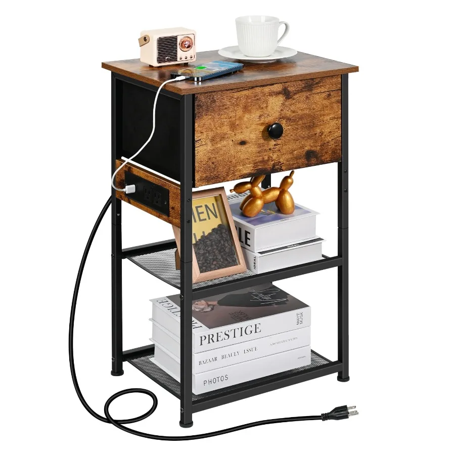 Modern Nightstand with 2 Storage Shelves and Charging Station Rustic Brown