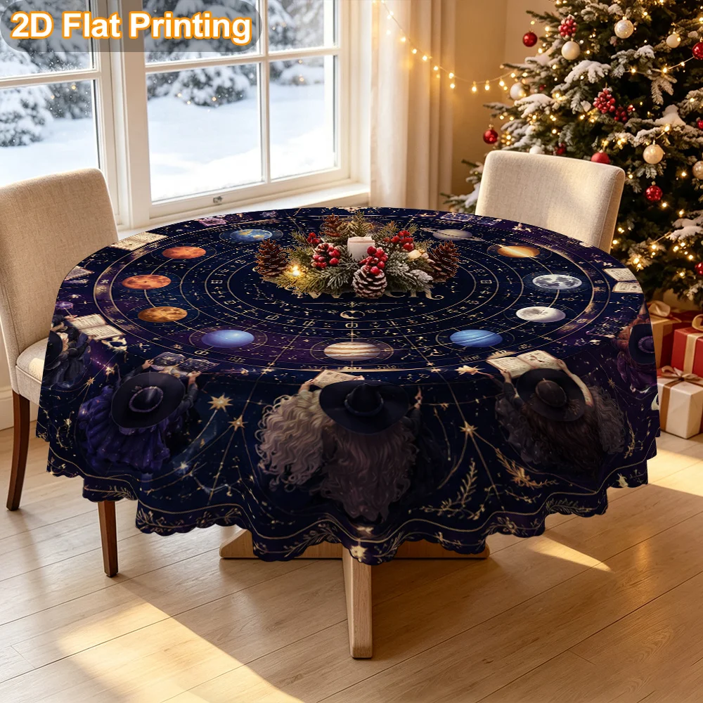 1 DKOD Round Tablecloth with System Planet Print - Cosmic Theme Tablecloth for Christmas, Halloween