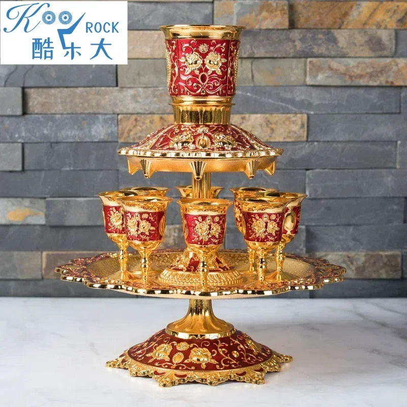 

Copper Alloy Kiddush Cup & Wine Fountain Dispenser Set -Elegant Dinner Gathering Pouring Pot with Glass Holder, Promotional Gift