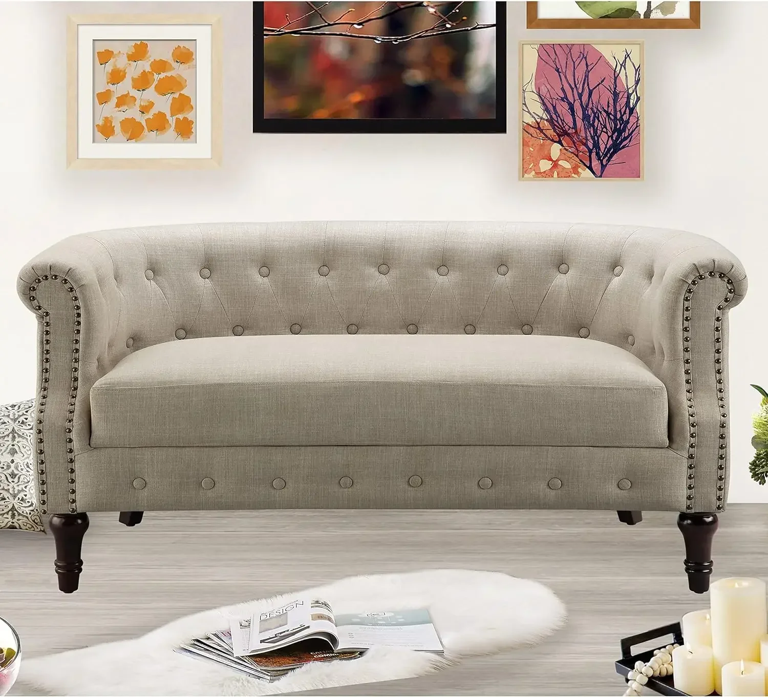 

Edmeston Chesterfield Loveseat, Beige, sofas for living room , home furniture , armchair