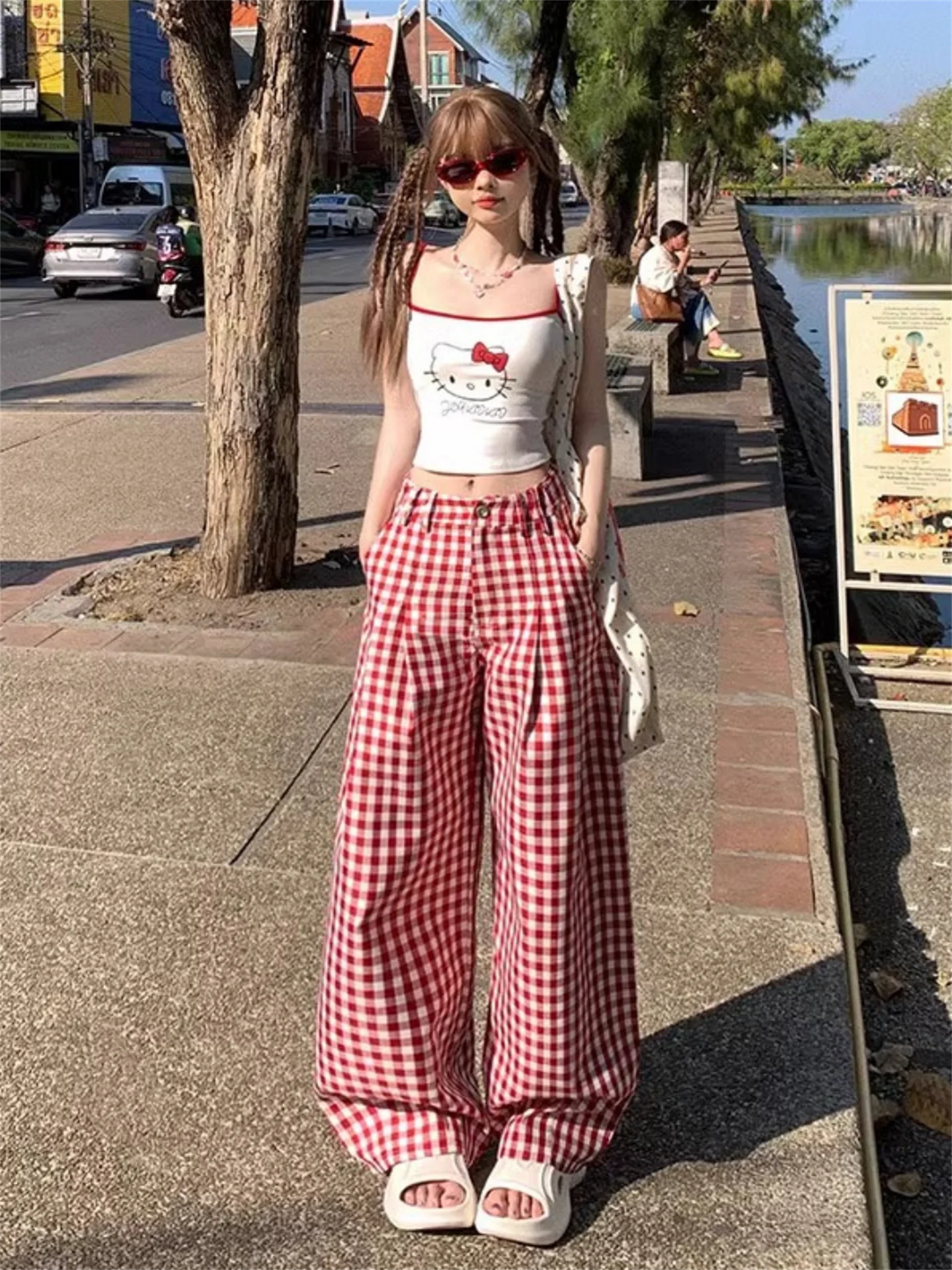 

American Red White Plaid Casual Pants Women Spring 2026 New Lazy Style Loose Straight Leg Wide Leg Pants Commute Style High W...