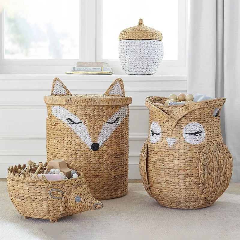 Nordic Natural Rattan Woven Storage Basket, Home Room, Toys, Clothes with Lidd, Dustproof Handwoven Storage Bucket
