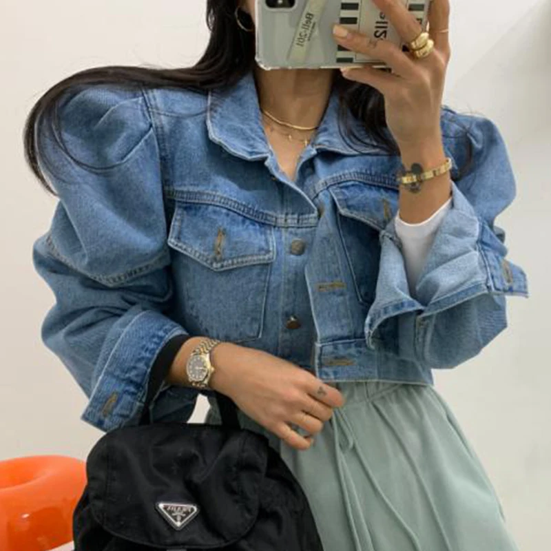 

Retro Waed Denim Jaet Chic Spring Loose Fit Long Sve Turn-down Collar Versatile Women's ort Coat Single Button Closure