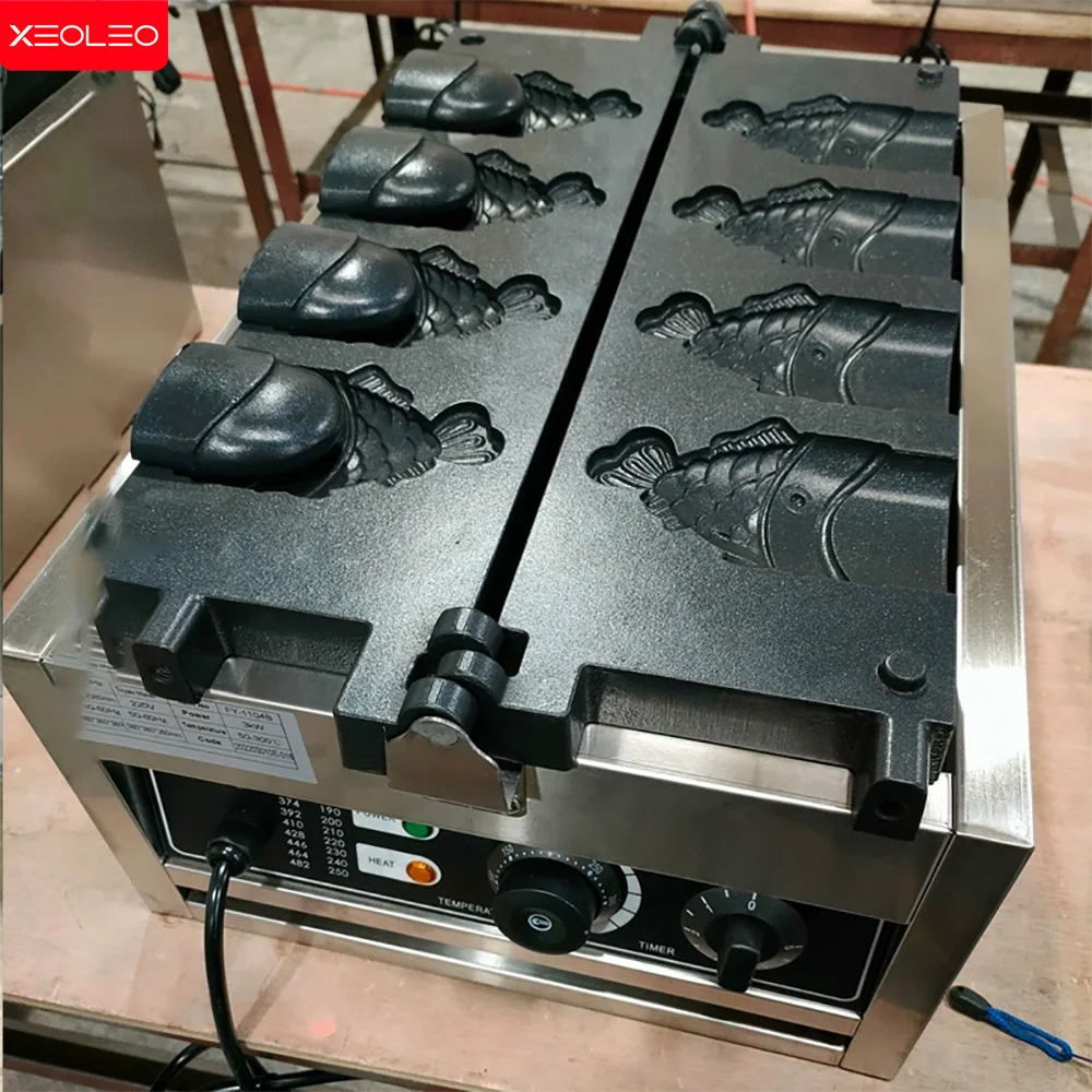 XEOLEO-máquina eléctrica Taiyaki, 2400W, 4 Uds., boca abierta, helado, forma de pez, máquina para hacer gofres, máquina antiadherente para bollos en forma de pez