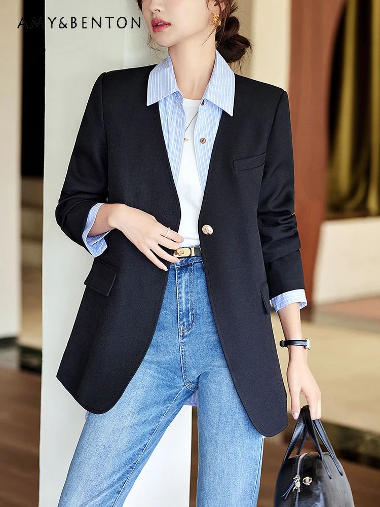 

Simple Temperament V-neck One-button Blazer Commuter Style Solid Color Versatile Loose Jacket Women Fashion Professional Blazers