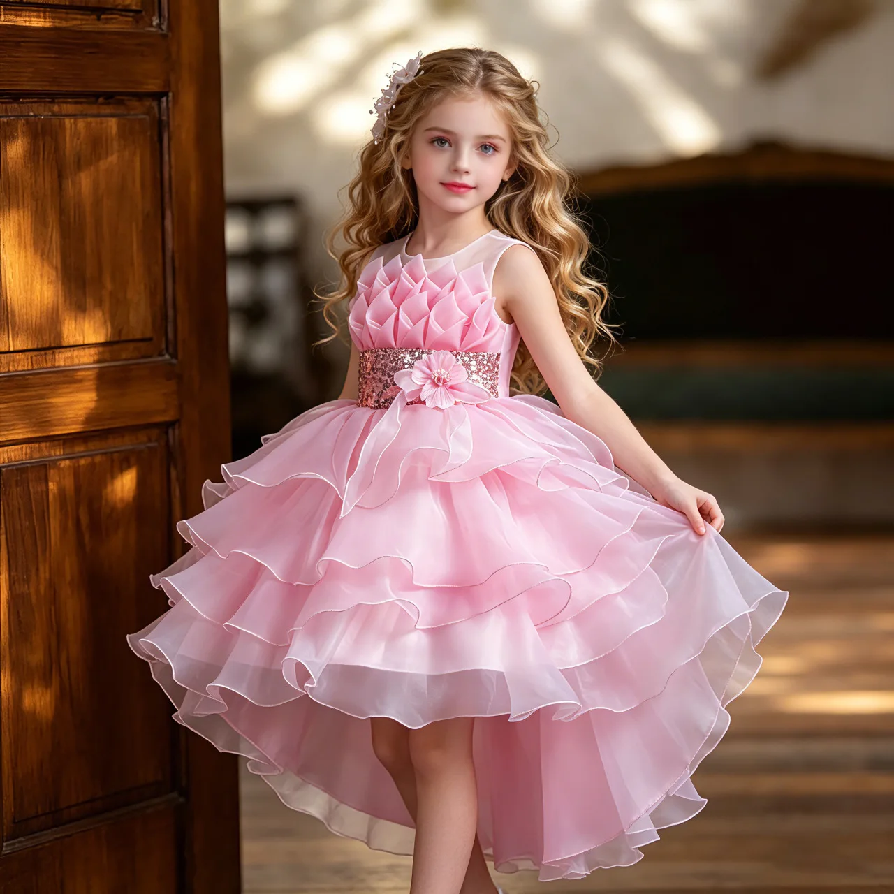 New girls' dress flower girl trailing cake princess children's wedding fluffy skirt