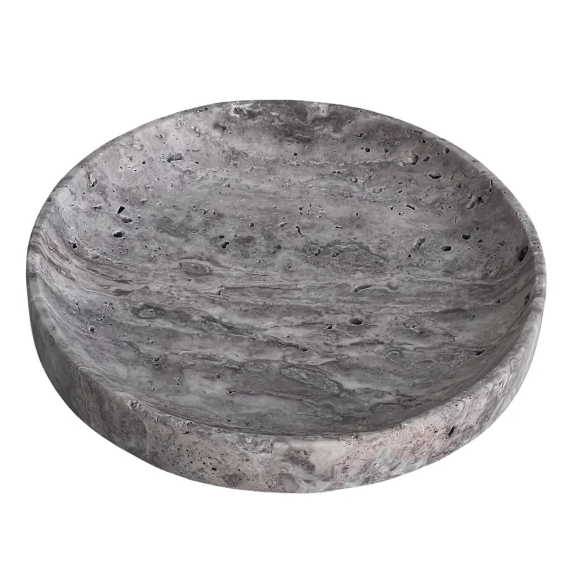 D20x3cm Nordic Wabi-sabi Natural Silver Limestone Cave Stone Grey Travertine Tray Round Marble Stone Pallet Catchall Storage