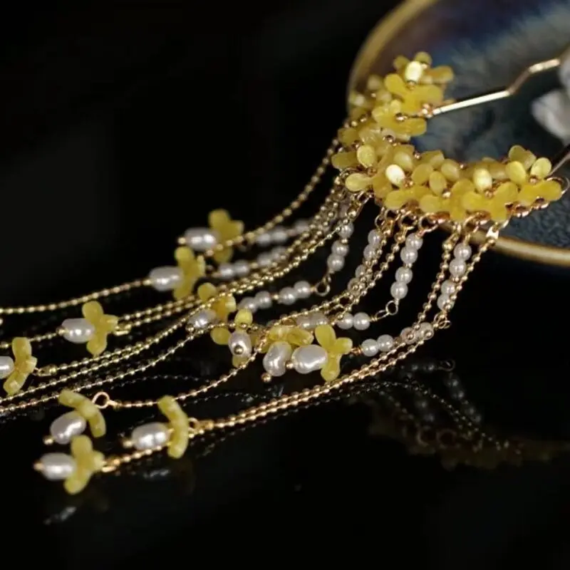 Ancient Style Osmanthus Hairpin with Tassels, Hanfu Hairpin, Ming-Style Accessories, Women's Hair Curtain, Step-Robe, Horse-Face Skirt Hair Ornament view 2