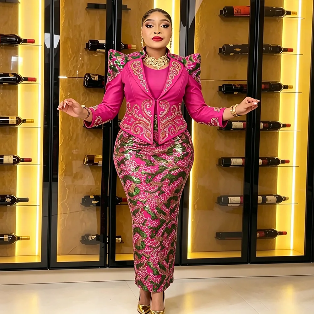 African Women Plus Size 2 Piece Set Sequin Embroidered Jacket Top and Bodycon Midi Dress Party Evening Islamic Outfit Wedding
