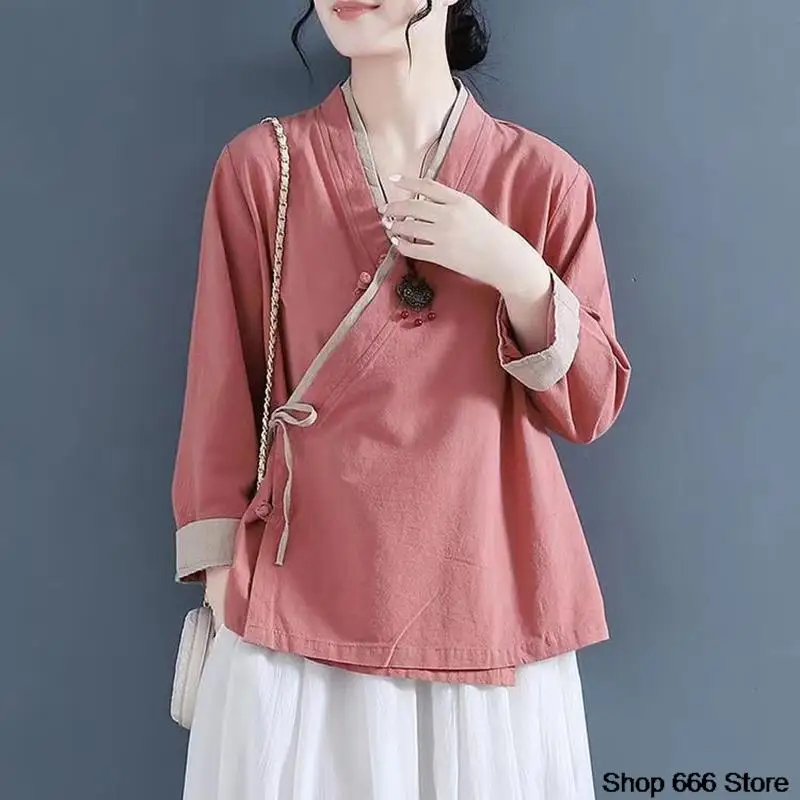

New Spring Autumn Chinese Traditional Tang Suit Female Costume Vintage Blouse Long Sleeve Embroidery Top for Women Hanfu Blouse