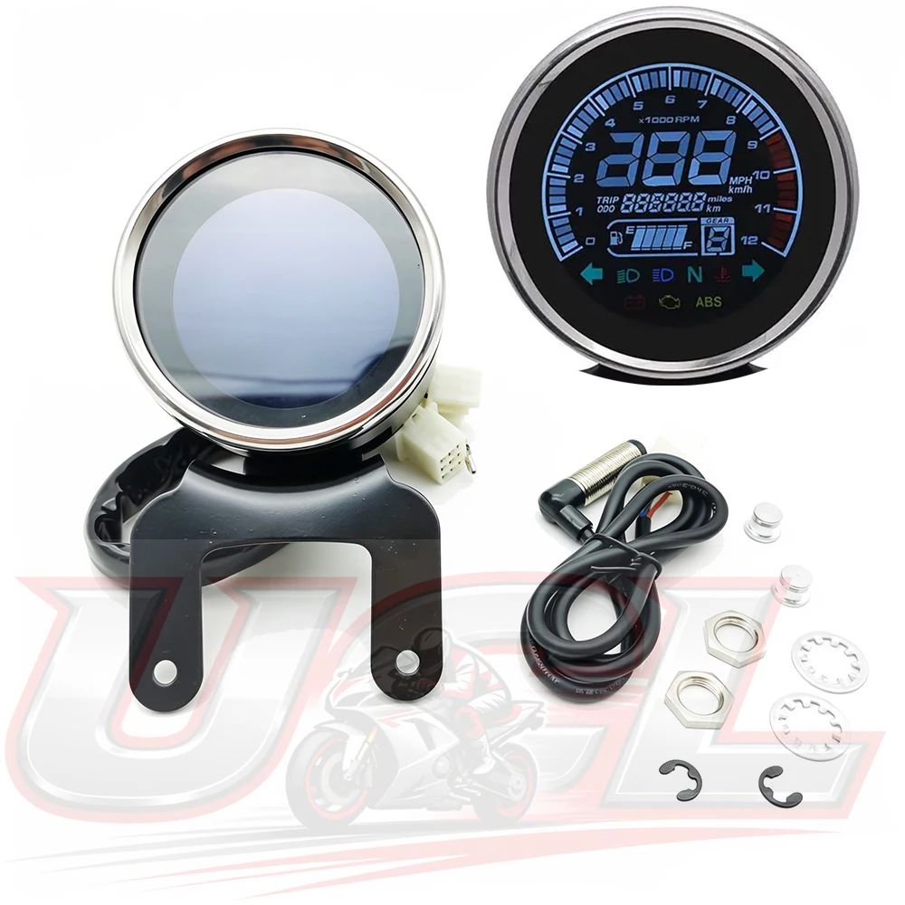 12V Round LED Motorcycle Digital Speedometer Odometer Tachometer 12000RPM Fuel Level Gauge Multi‑Functional Instrument Cluster