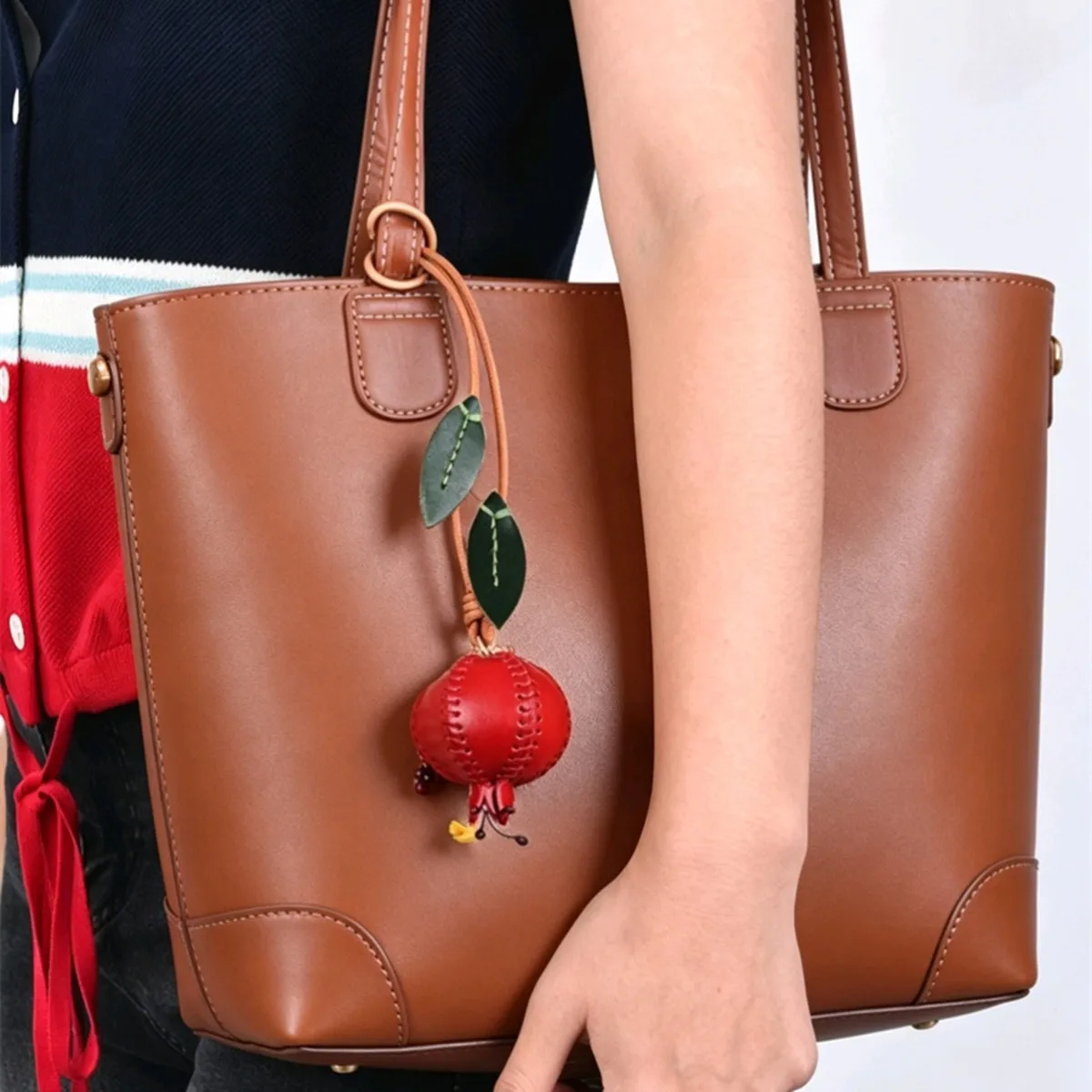 Genuine Leather Pomegranate Fruit Pendant Creative Handmade Fashion Delicate Handbag OrnamentCute Personalized Bag Accessories