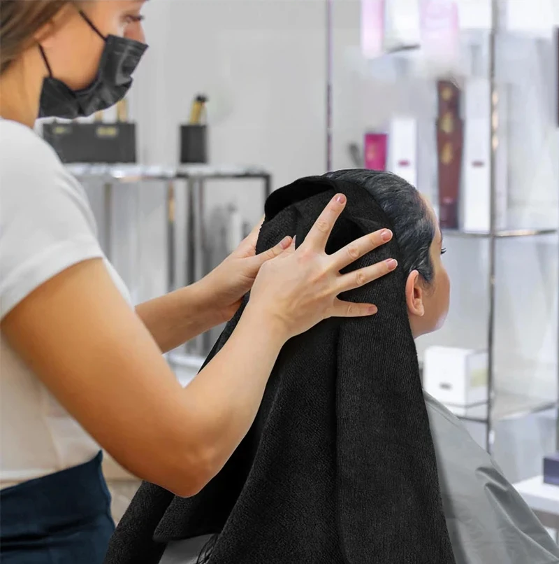 Schwarzes Mikrofaser-Salon-Haartrocknungstuch für Gäste, gebrauchte Handtücher, Friseur, Spa, Bad, Haartrocknungstuch, Reinigungstuch – Detail 5