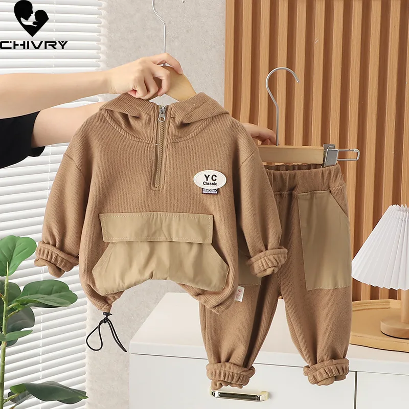 New 2023 Kids Baby Spring Autumn Fashion Solid Zipper Hooded Sweatshirt Tops with Pants Boys Casual Sports Clothing Sets