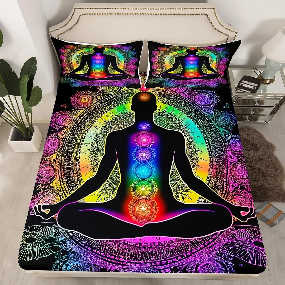 Yoga Fitted Sheet Boho Mandala Bed Sheets for Boys Girls Yoga Lover Chakra Meditation Bedding Set Twin Queen Deep Pocket Sheet