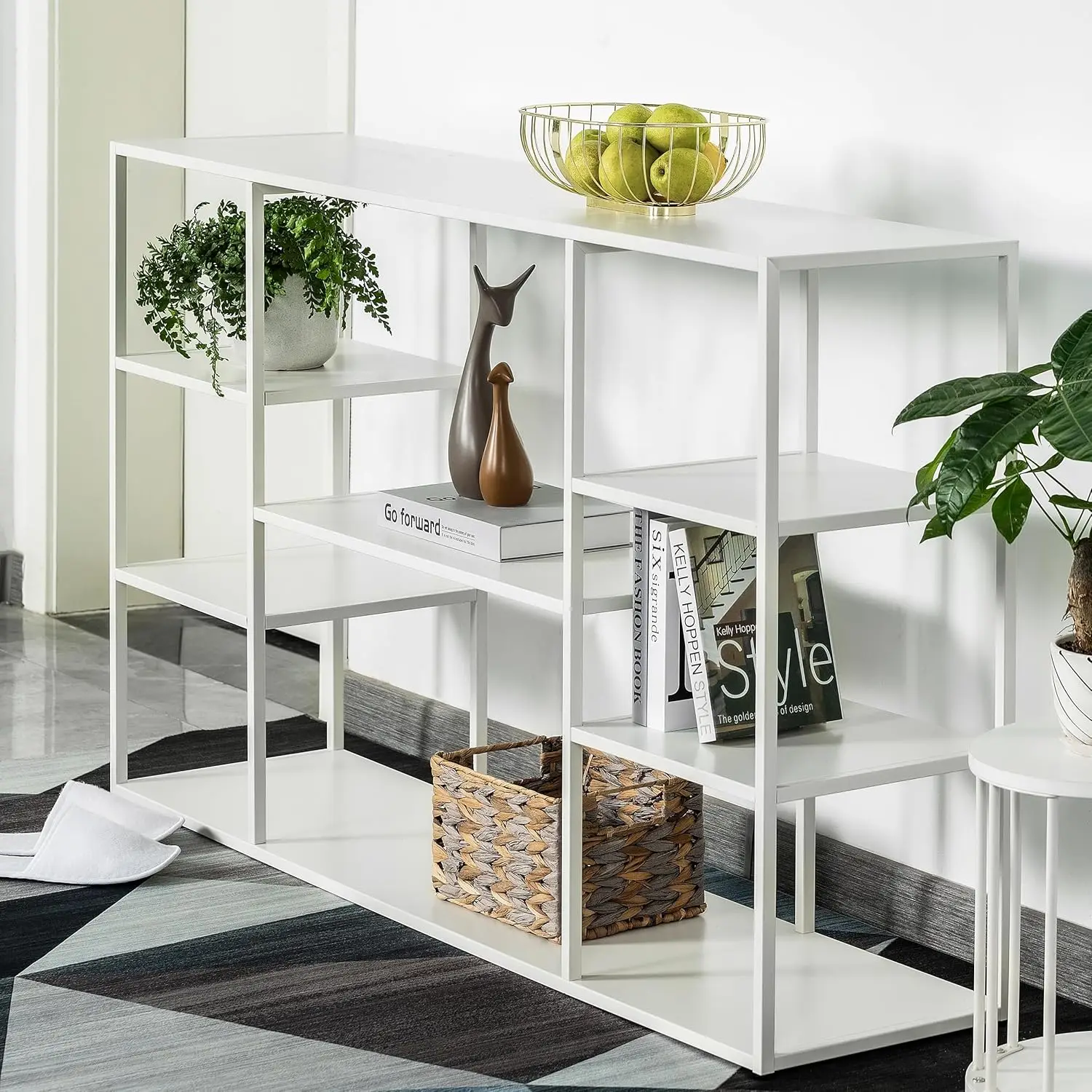 55 Inch Console Table,Narrow Entryway Table,4 Tier Metal Hallway Table,White,55.12×11.81×31.5in Wipe w/ Damp Cloth