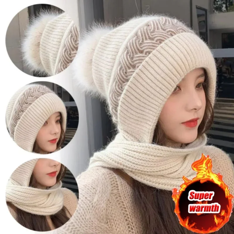 

Зимняя теплая шапка с помпоном 2 в 1, толстый вязаный шарф, шерстяная вязаная шапка, вязаная крючком, уличная лыжная женская шапка с капюшоном