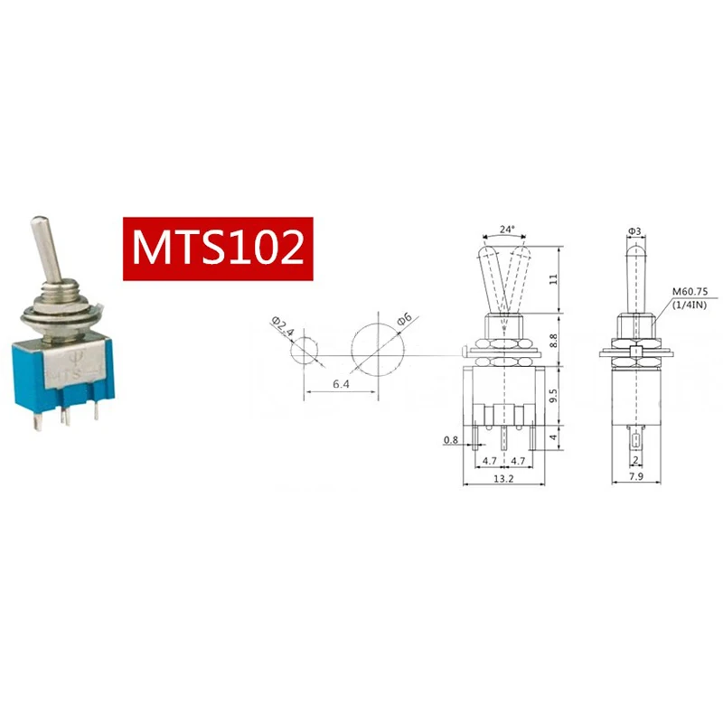 2pcs DIY Toggle Switch ON-OFF-ON / ON-OFF 3Pin 3 Position Latching MTS-103 MTS-102 AC 125V/6A 250V/3A Power Button Switch Car