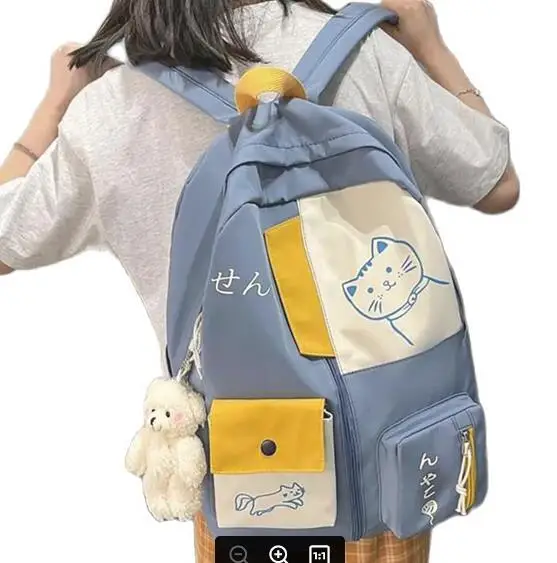 

Backpacks Female School Bags Shoulder with Pendant Large Capacity Nylon Teenagers Girls Preppy Style Cat Decor 45x32x14cm