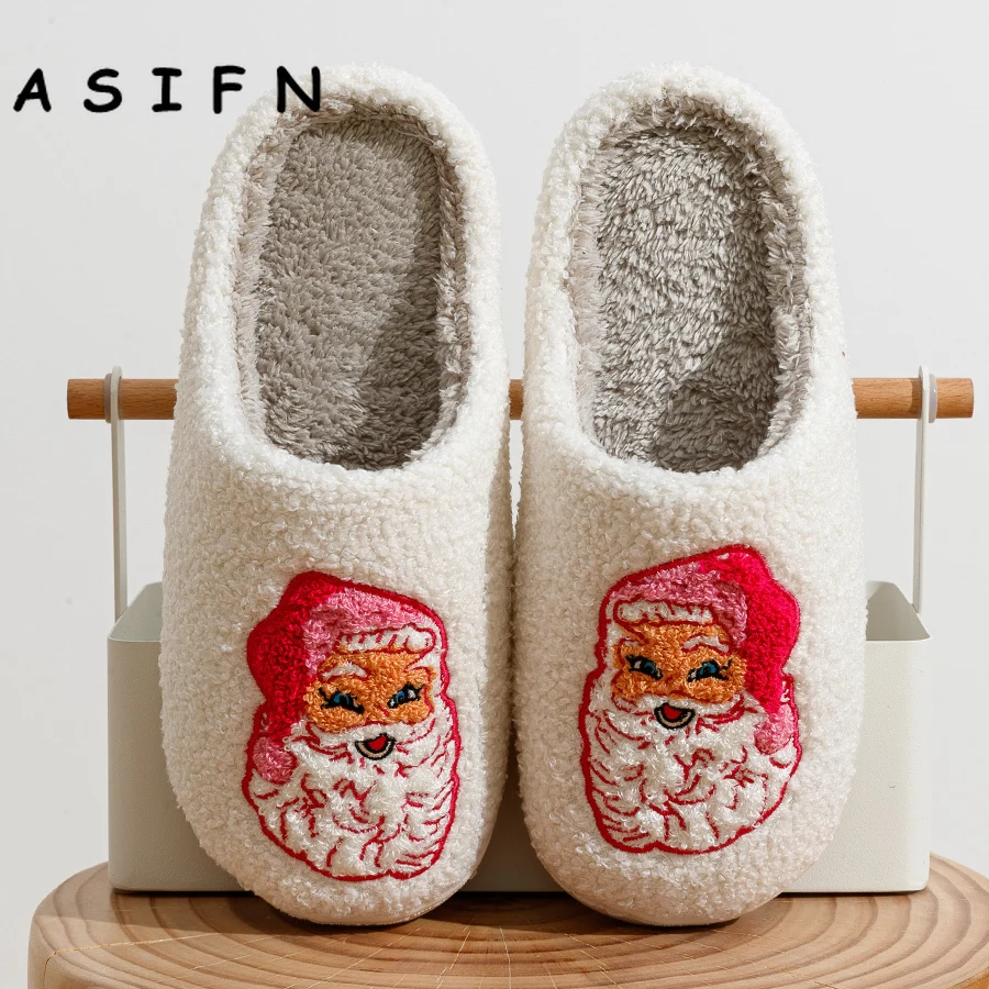 Fashion Winter Christmas Santa Claus Slippers Houseshoes Women Comfy Home Flat Slip-on Bedroom Cute Pink Christmas Party Shoes