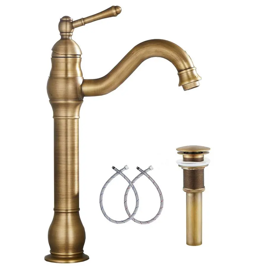 

360 Swivel Antique Brass Bathroom Vessel Sink Faucet Single Handle One Hole Matching with Pop Up Drain