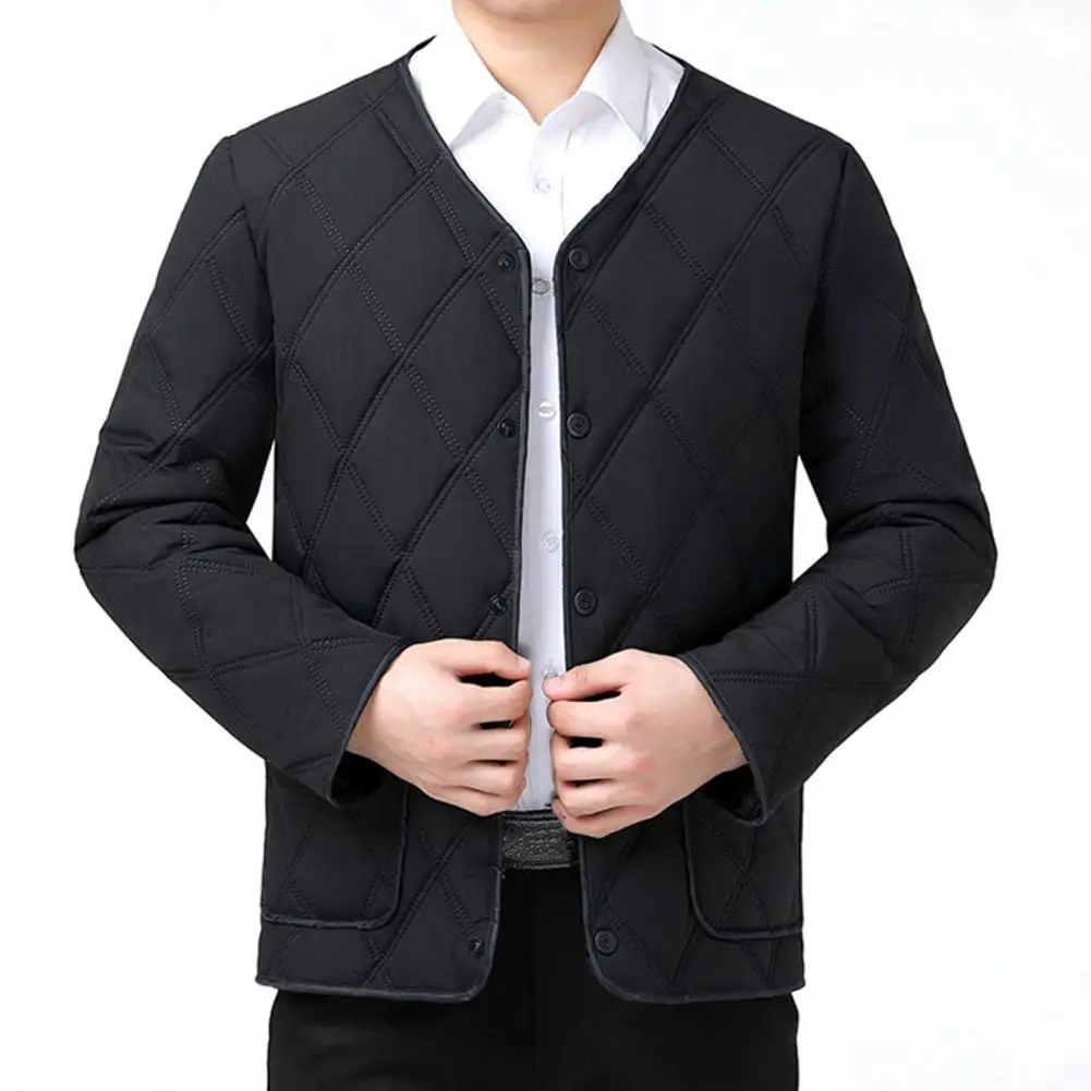 

Single-breasted Men Jacket Stylish V-neck Collarless Men's Jacket with Plush Lining Large Pockets Solid Color Coat for Winter