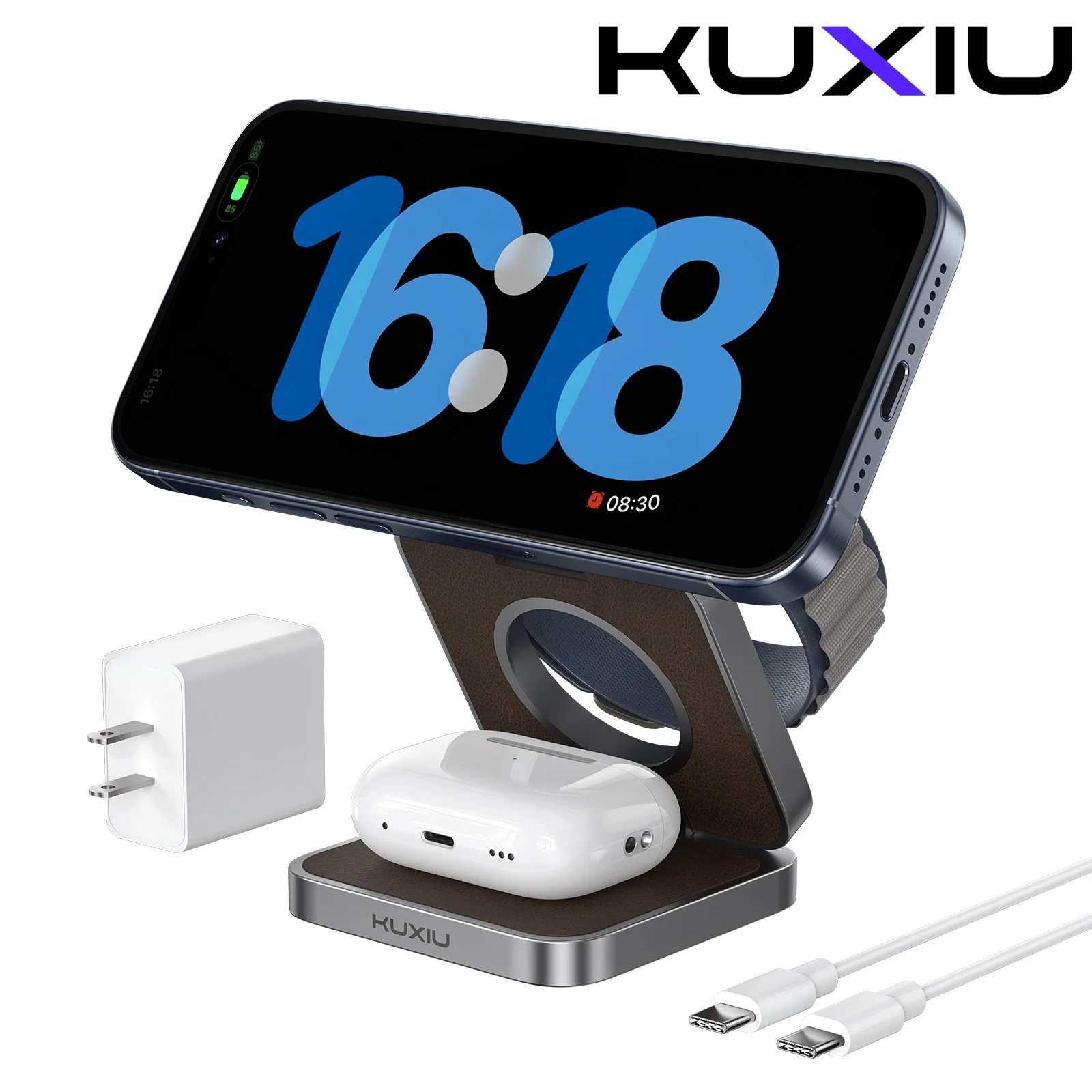 

KUXIU 3-In-1 Foldable Magnetic Wireless Charging Station for iPhone 15/14/13/12 Series, Apple Watch Ultra/9/8/7, AirPods 3/2/Pro