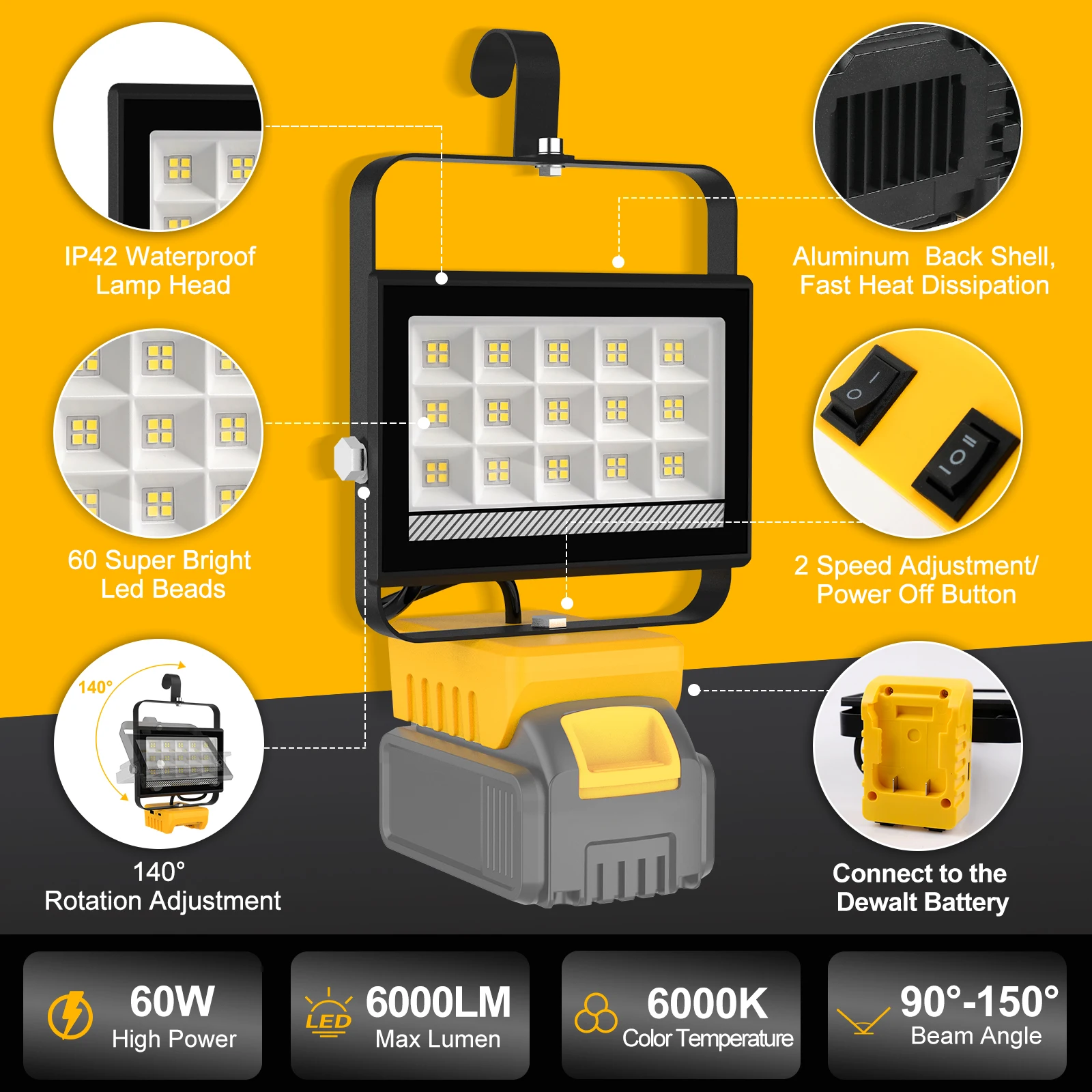 6000LM 60LEDS Portable 60W LED Work Light With Hooks Adjustable Base Rechargeable LED Flood Light for DeWalt No Battery