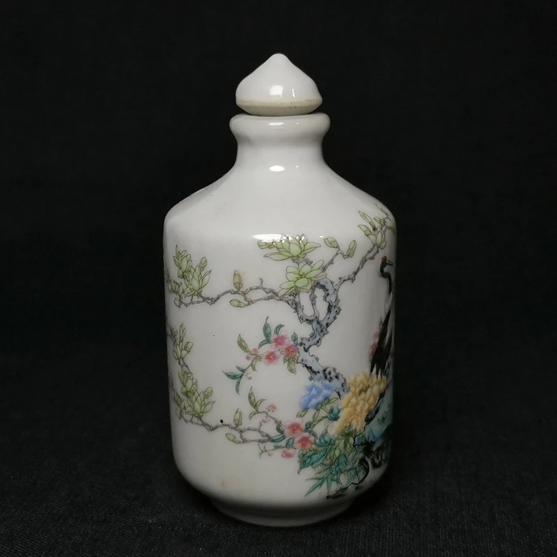 YIZHU CULTUER ART Size Chinese Porcelain Painting Crane Flowers Bird Snuff Bottle Old Decoration Gift Collection Size 8.5 CM