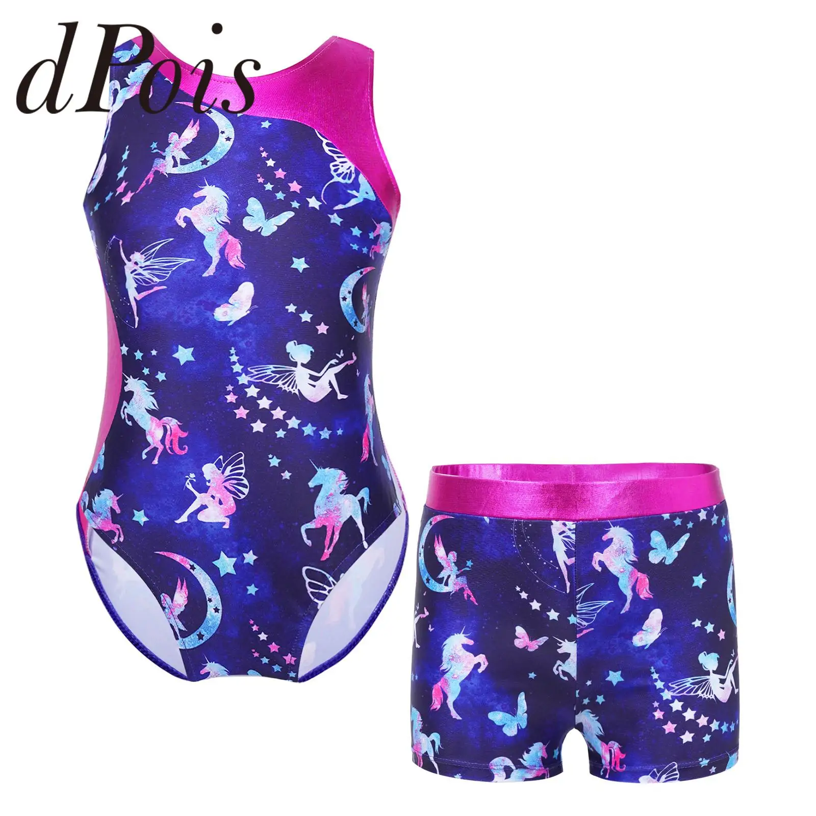 Kids Girls Sleeveless Print Gymnastics Leotard with Shorts Skating Gymnastics Jumpsuit Dancewear Children Ballet Dance Outfits