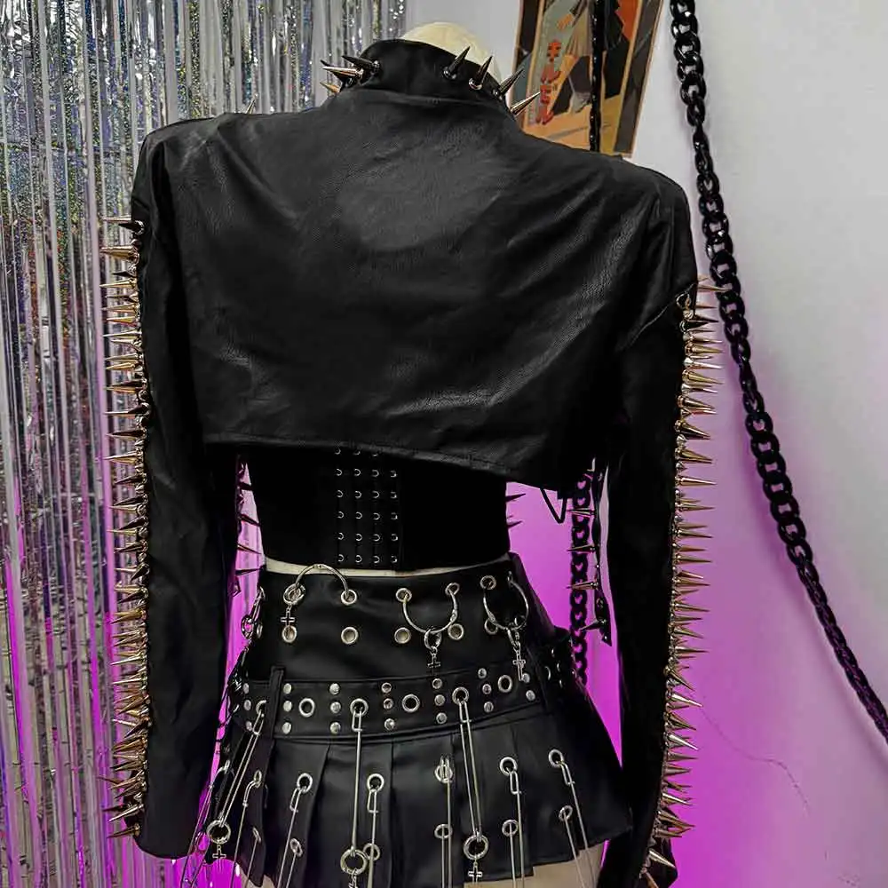 เสื้อท็อปหนัง PU แขนยาวสไตล์กรันจ์ ชิค แต่งหมุด สไตล์อีโม ย2เค ย้อนยุค แฟชั่นโกธิค พังก์ร็อก ฮาราจูกุ อีเกิลส์ กอธิค