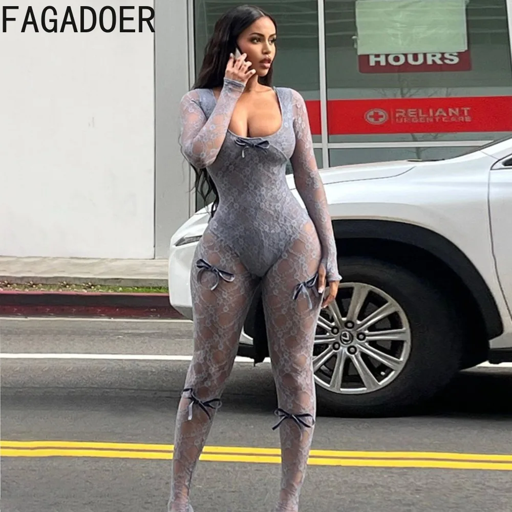 

FAGADOER Sexy Lace Perspective Printing Bodycon Jumpsuits Women Low-cut Hollow Out Bow Nightclub Playsuits Fashion Lady Overalls