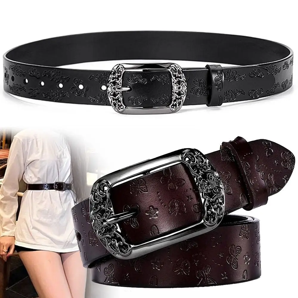 

Y2K Harajuku Women's Belt, Vintage PU Leather Wide Waist Belt with Carved Alloy Buckle, Fashion Embossed Belt for Jeans