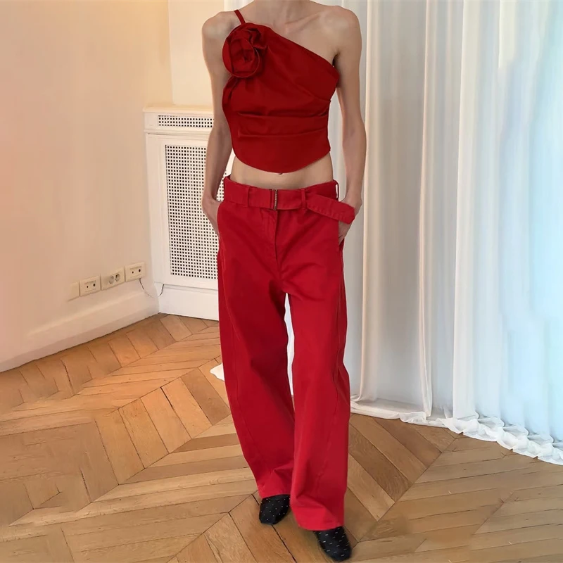 

Women's pants New low rise slim fit straight leg pants for summer 2025 pure cotton wide leg pants Belt decoration cropped pants