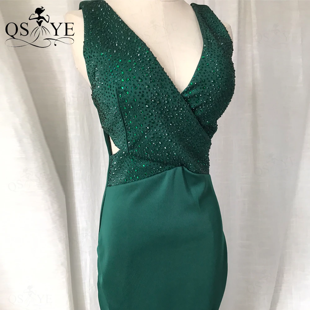 Emerald Stretchy Evening Dresses Crisscross Waistline V Neck Mermaid Satin Sexy Split Hot Drill Sequin Fitted Green Party Dress