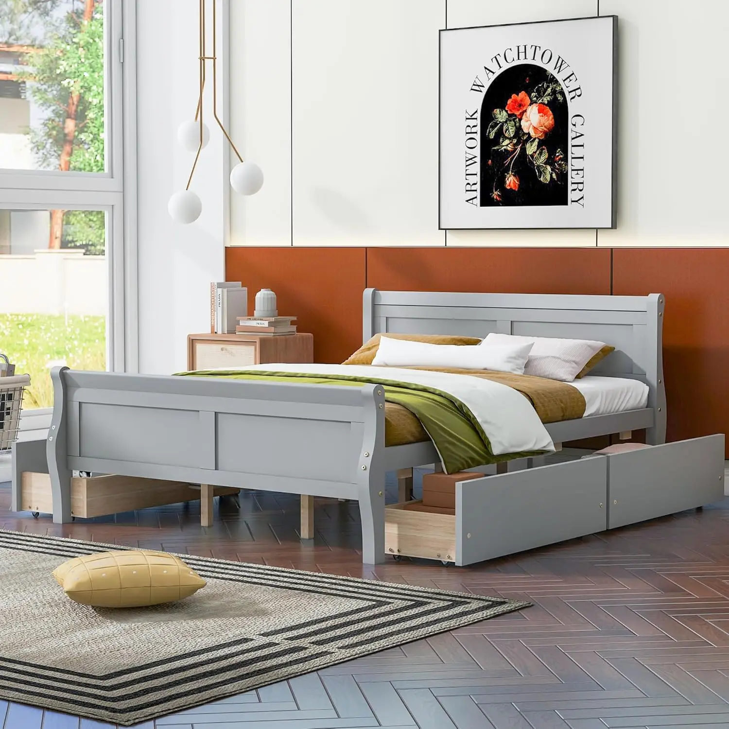 Queen Size Wood Platform Bed With 4 Drawers And Streamlined Headboard & Footboard,Gray,Beds, Frames & Bases 71.65Lbs,3676