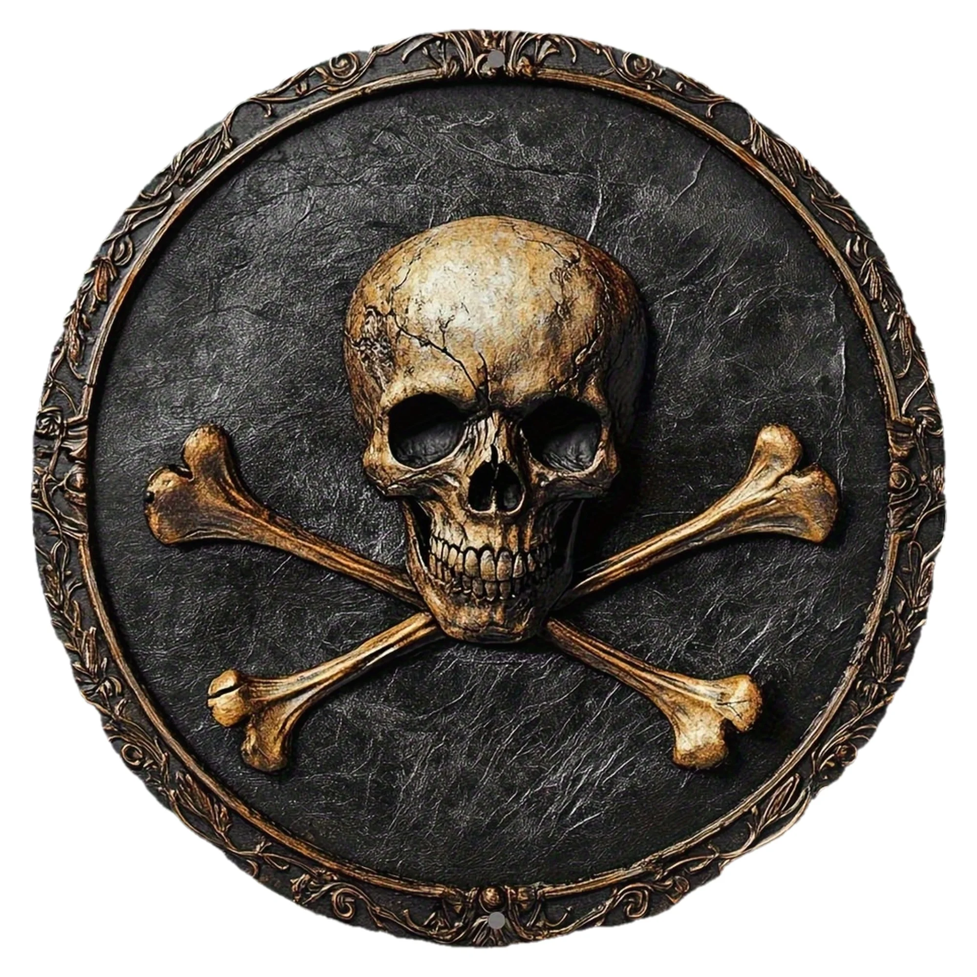 2D flach, 20,32 x 20,32 cm, runde Wandkunst mit Totenkopf und Knochen aus Aluminium – Vintage-Piraten-Metallschild mit Kanten, langlebige nautische Dekoration