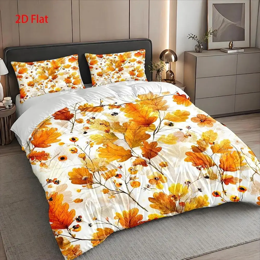 Zippered Duvet Cover Set, Three-Piece Bedding Set (1*Duvet Cover + 2*Pillowcases), Autumn Leaf Theme Pattern, Vintage Oil Painting Style, Suitable for All Seasons, Machine Washable, Invisible Zipper Design, Large Double Bed Cover Set, Suitable for Home, Dormitory, Master Bedroom, Guest Room, Bedroom Decoration Bedding, Popular Fantasy Style Duvet Cover Three-Piece Set