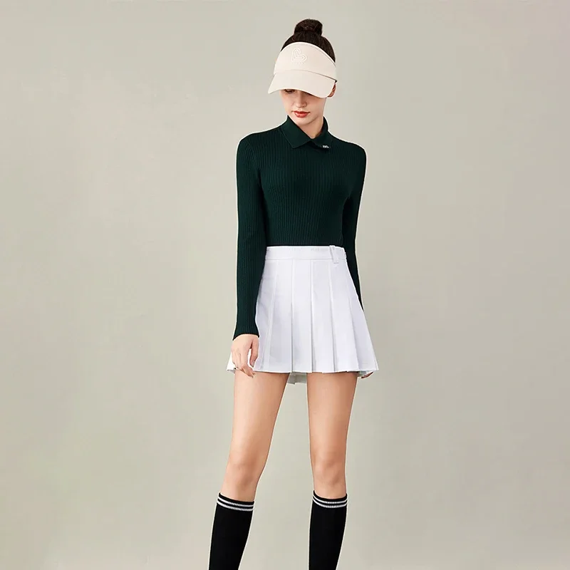 Love Golf Women Long Sleeve Golf Shirt Warm Knitted Polo Sweater Lady Slim Pleated Skirt Mid-waisted Elastic Skorts Golf Sets