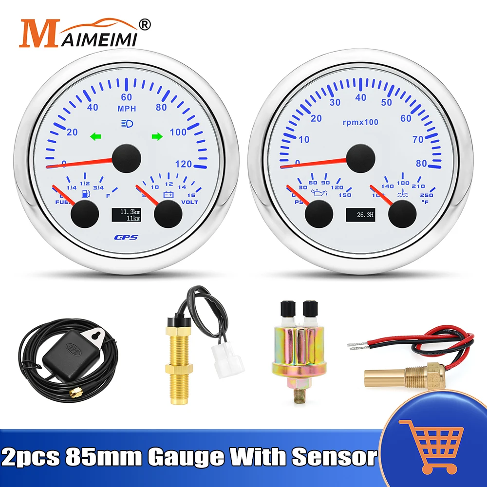 

85mm Gauge Set With Sensors 3 in 1 GPS Speedometer Fuel Level Voltmeter Tachometer Oil Press Water Temp For 12V Car Boat Marine