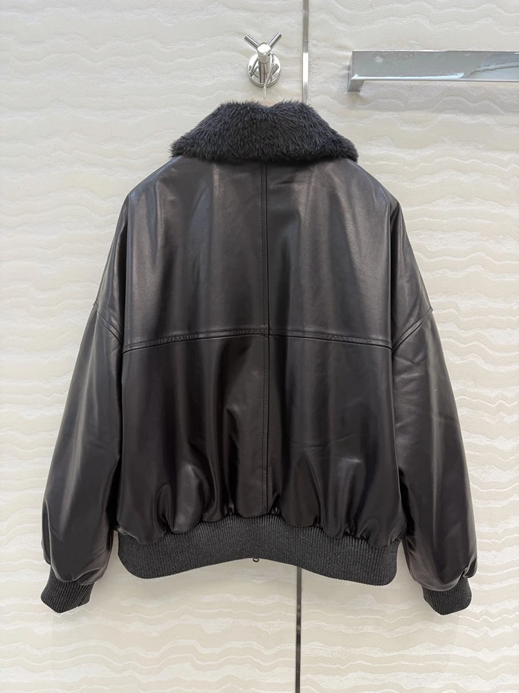 SVORYXIU Autunno Inverno Nuovo stile Retro Tasca con cerniera Colletto ribaltabile Giacca in pelle di montone Giacca in pelle nera moda donna