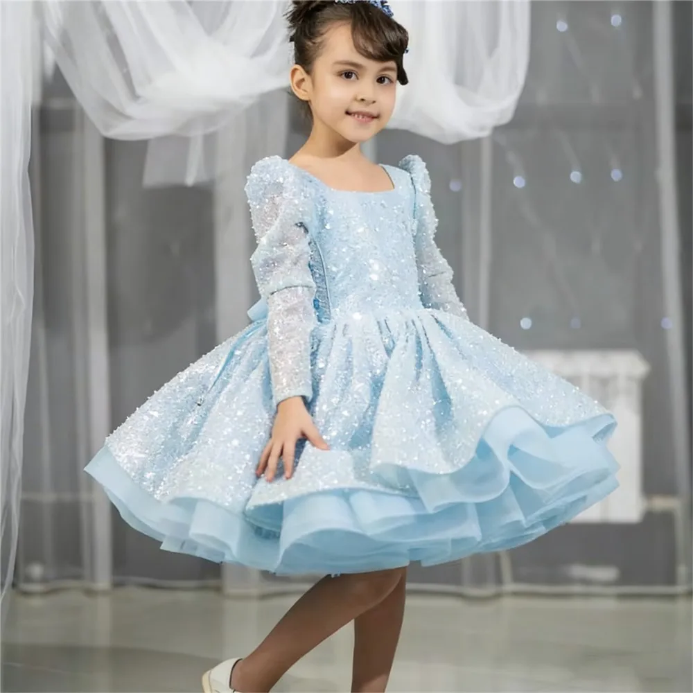 Luxe bloemenmeisje trouwjurk lovertjes met strik volledige mouwen knielengte kinderverjaardagsfeestje eerste communiejurk op maat