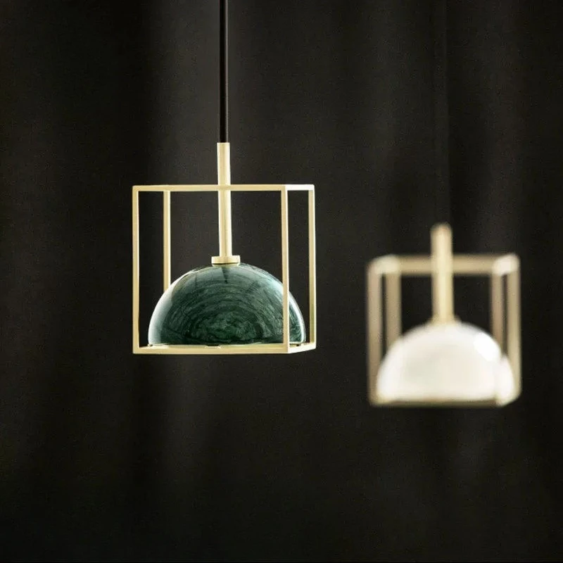Nordic Marble Dining Room Single-Head Pendant Light Creative Modern Bedroom Bedside Bar Lamp Luxury All-Copper Lighting