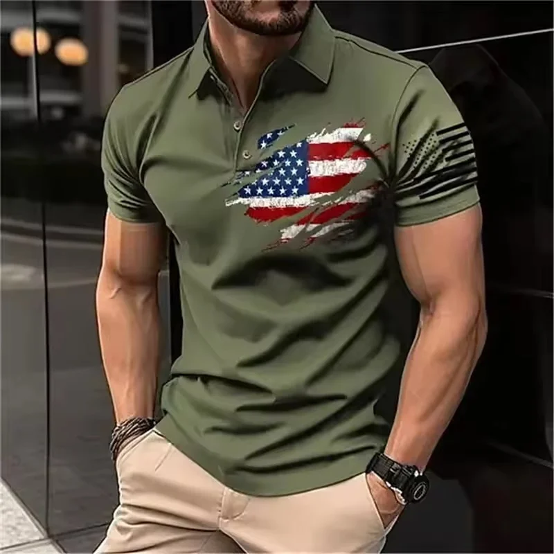 3D Printed America Flag Polo Shirt For Men Colorful Geometry Pattern Tees Summer Street Loose Short Sleeve Tops Lapel T-Shirts
