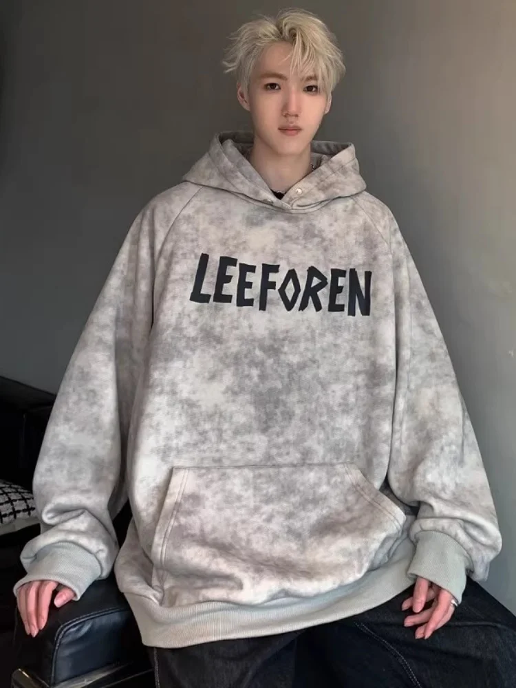 

Мужская толстовка оверсайз в американском стиле с принтом тай-дай и надписями, повседневная верхняя одежда для подростков, осенний сезон, удобный свободный крой