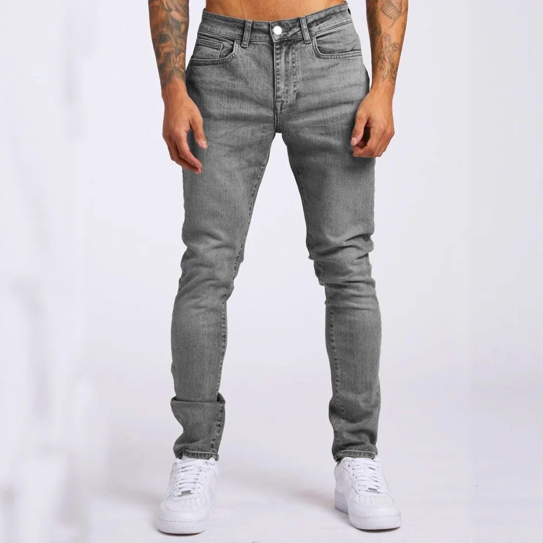 Men Casual Pencil Jeans Male Elastic Pocket Small Slim High Street Denim Pants Wash Solid Color Mid Waist Cargo Jeans