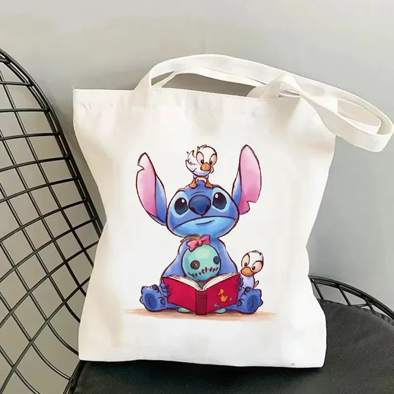 

Холщовая сумка с героями мультфильмов Disney Lilo Stitch, женская холщовая сумка, студенческий рюкзак, сумка на плечо, большая вместительная повседневная сумка для покупок