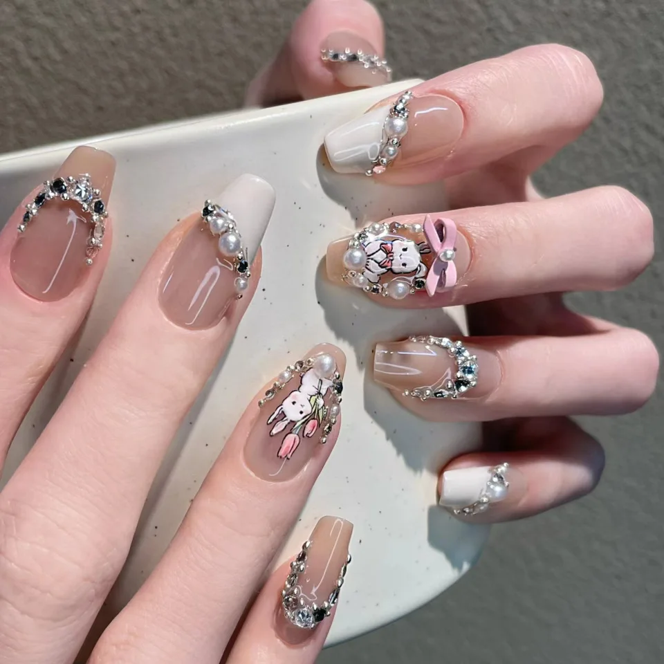

10pcs Lovely Nude Press on Nail Tulip Rabbit Pattern Fake Nail Art With Diamond Reusable French Sweet Style Full Cover Tips